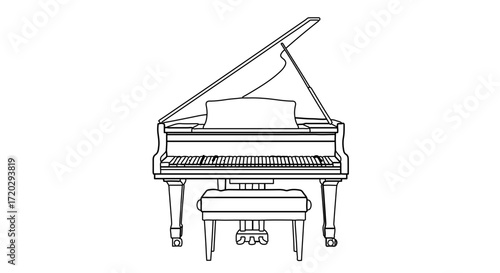 Detailed line drawing of a grand piano, representing music and elegance