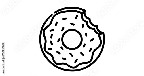 Bitten donut with sprinkles, a delicious treat for any time of the day, simple line art