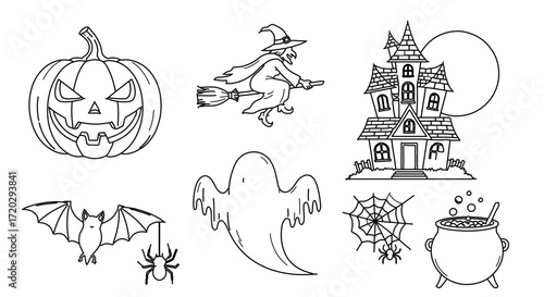 Hand drawn illustration of halloween elements, including pumpkin, witch, ghost