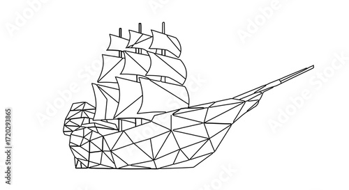 Low poly illustration of a sailing ship, a minimalist and modern design