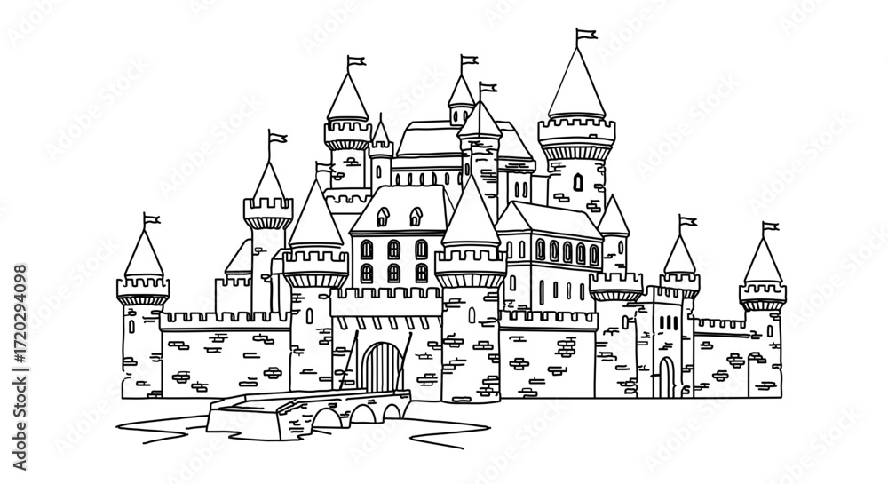 Obraz premium Detailed line art of a majestic castle with multiple towers and flags