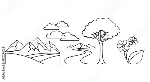 Landscape with mountains, trees, flowers and clouds, a peaceful and serene nature scene