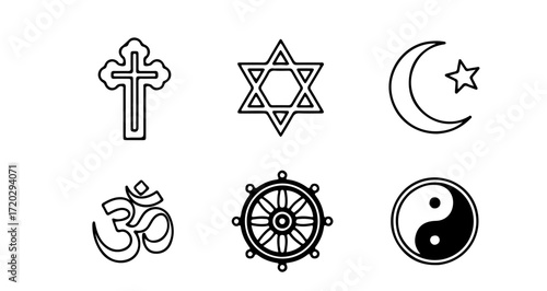 Symbols of various world religions, representing faith and spirituality