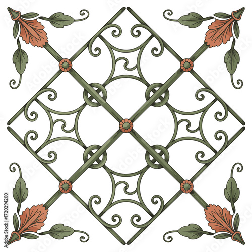Intricate art nouveau wrought iron decorative square panel with floral motifs and swirling scrollwork in muted tones