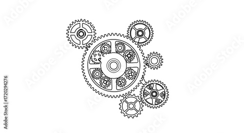 Intricate gear mechanism illustration, ideal for steampunk and mechanical designs