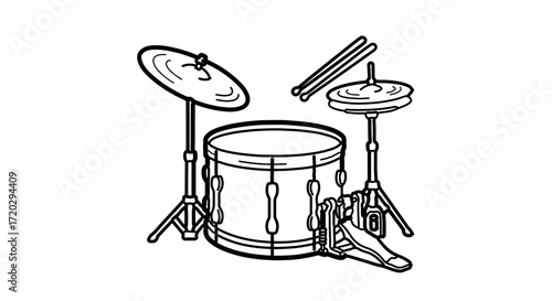 Illustration of a drum set with drumsticks, a musical instrument for percussion