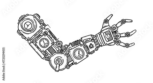 Mechanical arm with gears and gauges, a steampunk inspired prosthetic limb