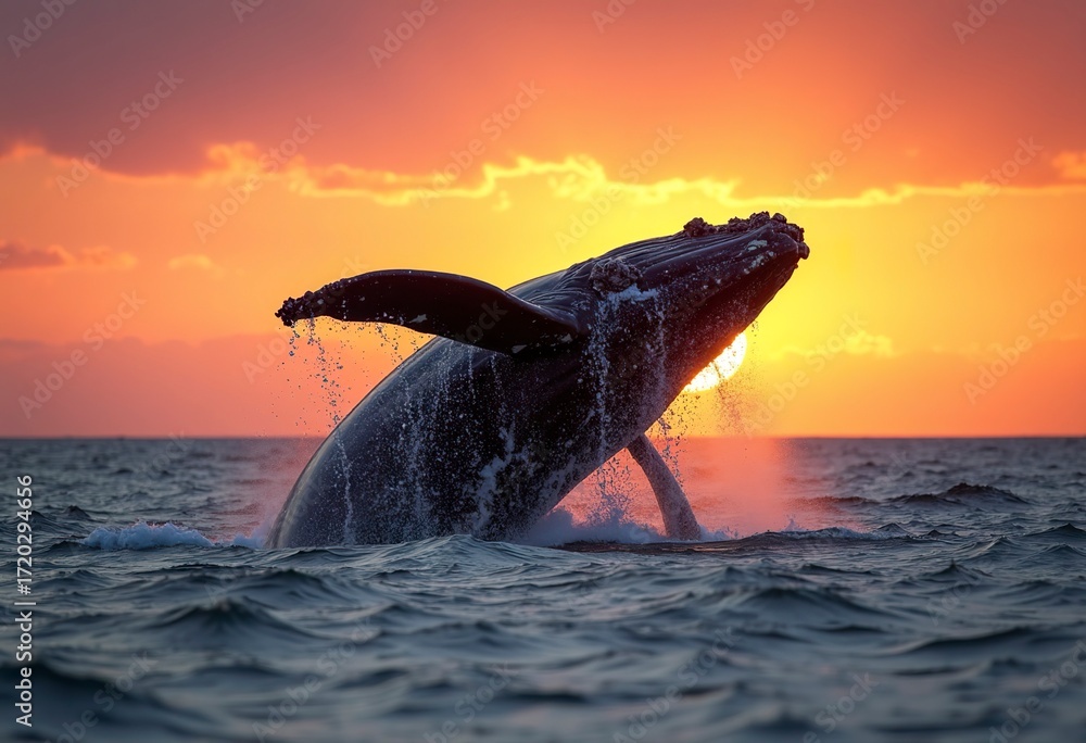 Fototapeta premium A graceful humpback whale breaching the ocean surface at sunset. Silhouette against orange and pink sky, powerful, majestic.