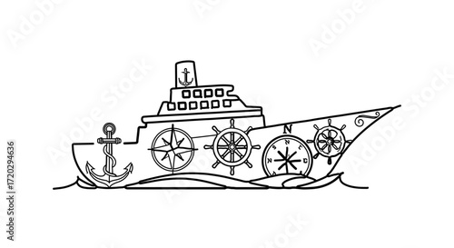 Steampunk style ship with anchor and gears, a whimsical and intricate design