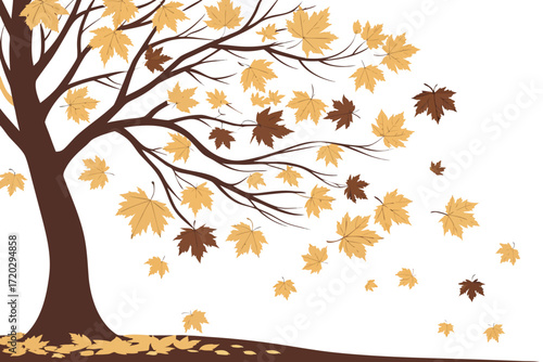 Vector illustration of a tree with golden autumn leaves gently falling scalable art