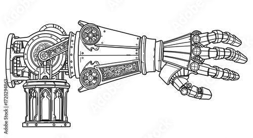 Mechanical arm, a steampunk style prosthetic limb with intricate gears and details