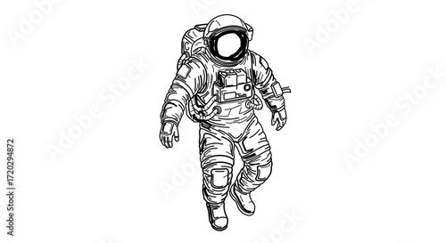 Detailed line art of an astronaut in spacesuit floating in space