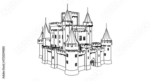 Detailed line art of a medieval castle with towers and turrets