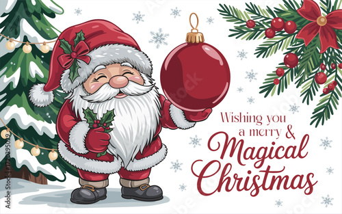A festive illustration of a joyful Christmas gnome holding a Christmas ornament and holiday greetings.