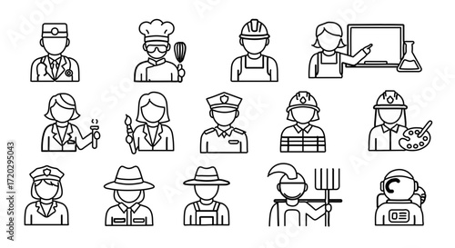 Collection of diverse profession icons, representing various career paths and skills