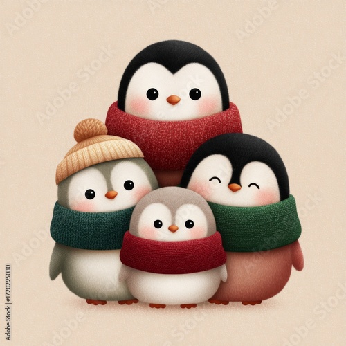 Cute penguins wearing colorful scarves gather together in a cozy winter setting