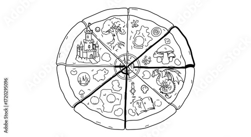 Fantasy world pizza with different realms, a creative and whimsical concept for food lovers