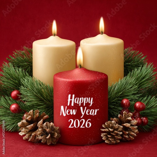 Candles and pine decorations celebrate New Year 2026 in festive setting