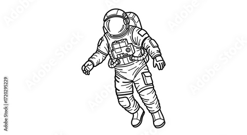 Detailed line drawing of an astronaut in space suit floating