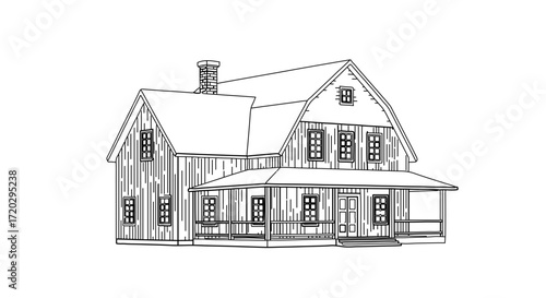 Detailed line art illustration of a farmhouse with a porch