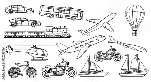 Various modes of transportation in outline style, including cars, planes, and trains