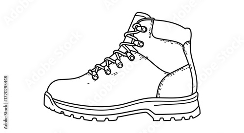 Outline drawing of a hiking boot, laceup boot with thick sole and ankle support