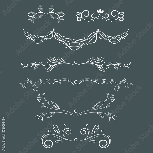 White floral and leafy decorative elements on a dark background. Perfect for wedding invitations, greeting cards, and other elegant designs