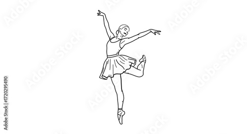 A ballerina is dancing on one leg with arms raised, she is wearing a tutu