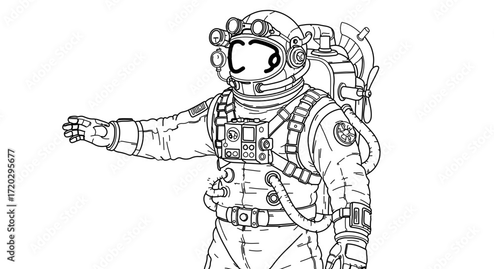 Fototapeta premium Hand drawn sketch of astronaut in spacesuit for coloring book or design