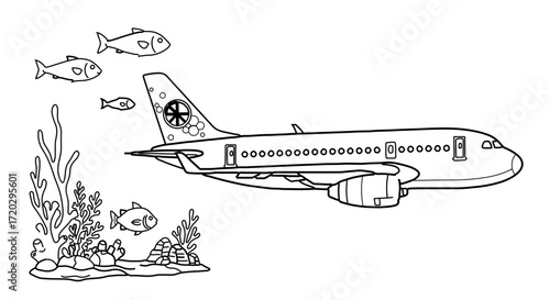 Airplane flying above underwater world illustration, perfect for childrens coloring books
