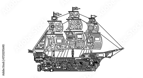 Vintage ship illustration, showcasing detailed nautical vessel and sailing history