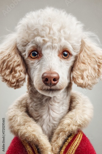Fluffy poodle wearing a red coat with golden trim poses for a close-up portrait indoors