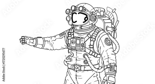 Hand drawn sketch of astronaut in spacesuit for coloring book or design