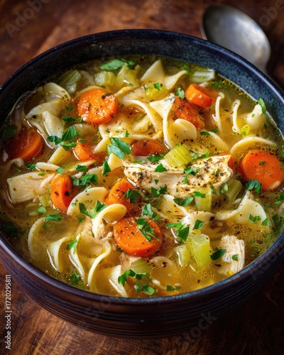 Classic chicken noodle soup with vegetables
