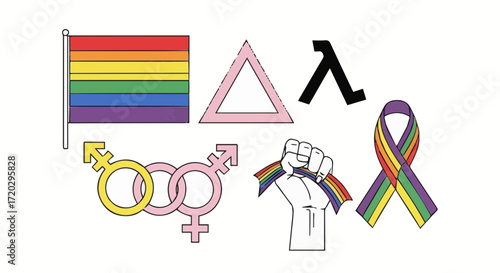 Lgbtq pride symbols, including flag, gender symbols, ribbon, and raised fist