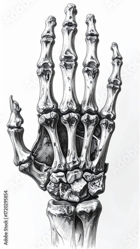 Monochrome Illustration of Human Hand Skeleton with Detailed Bone Structure on White Background Educational