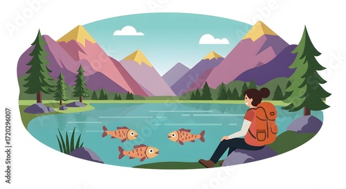 Scenic Lakeside Adventure A Woman's Serene Moment with Nature and the Majestic Mountains