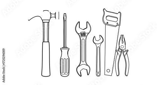Illustration of various hand tools including a hammer, screwdriver, wrench, saw, and pliers