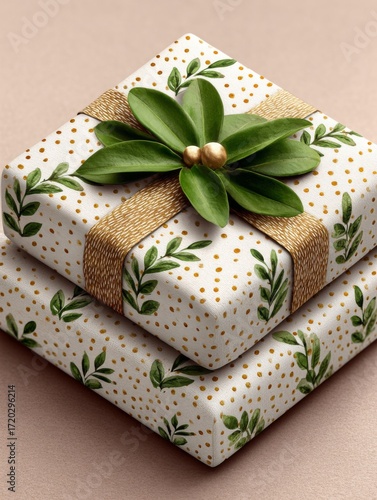 Elegant gift wrapping with decorative greenery for special occasions and celebrations