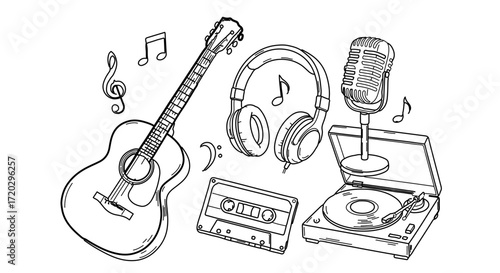 Hand drawn music instruments, including guitar, microphone, and record player