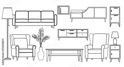 Living room furniture arrangement, including sofa, chair, table, and lamp