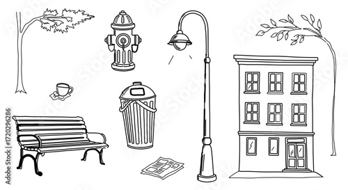 Cityscape elements, including buildings, benches, streetlights, and trash cans