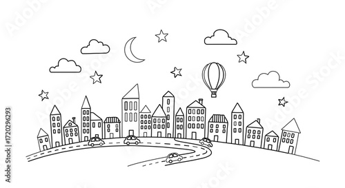 Hand drawn cityscape with houses, cars, hot air balloon, moon, stars and clouds
