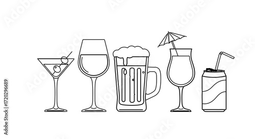 Illustration of various alcoholic beverages, including martini, wine, beer, cocktail, and soda
