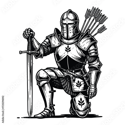 Vector art of a knight in shining armor kneels with his sword, isolated on white background