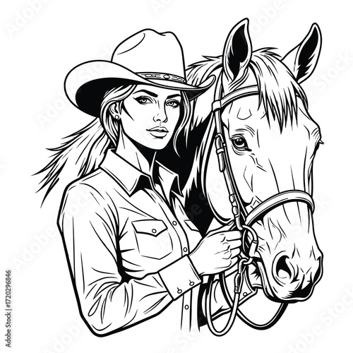 Vector art of a beautiful cowgirl stands with her horse, isolated on white background