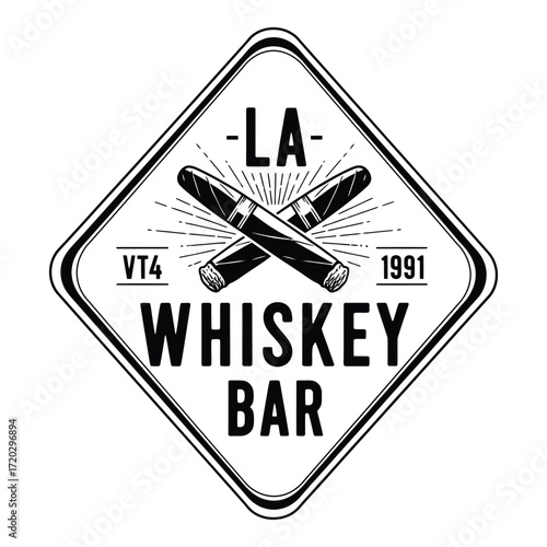 Vector art of a vintage whiskey bar logo with crossed cigars, isolated on white background