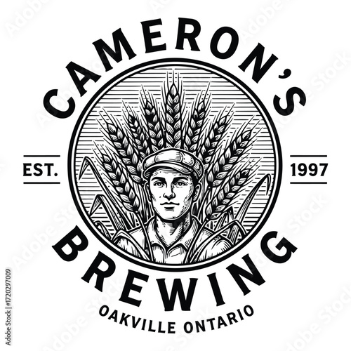 Vector art of camerons brewing logo with wheat and a man isolated on white background