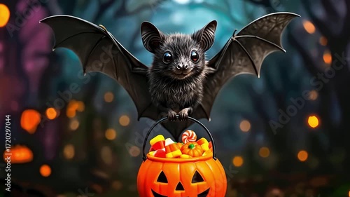 Cute Bat Flying Forward while Holding Trick or Treat Pumpkin Bucket with Sweets on Blurred Forest Background
