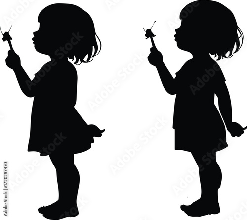 Girl silhouettes, butterfly wand pose, childhood moment, playful stance, barefoot figure, nature interaction, whimsical scene, innocence, outdoor illustration